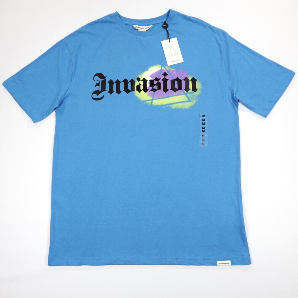 Eleven‎ Paris Men's Crew Neck Graphic T-Shirt Blue Short Sleeve Cotton Size M